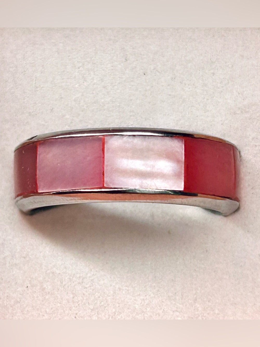 Pink Mother-of-Pearl Inlay Stainless Steel Ring Size 8 (2000–2010)